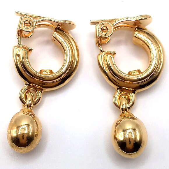 Vintage Hoop Clip-On Earrings Gold-Tone Dangling Ball Charm 1.25" Length - Picture 1 of 7